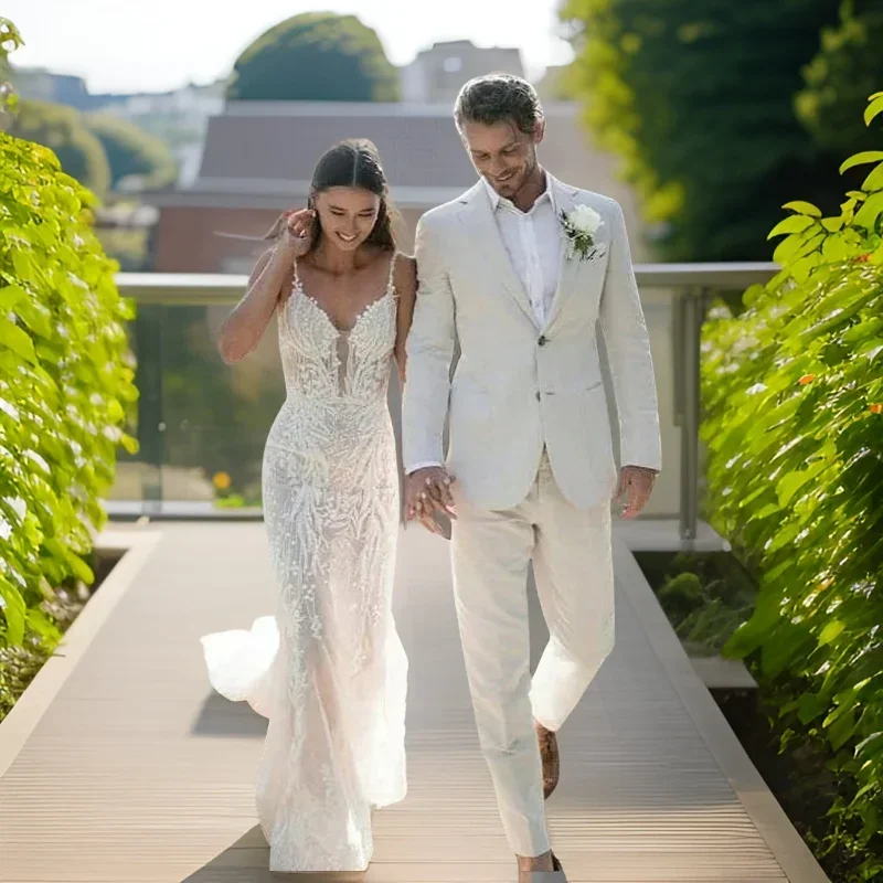 Men Formal Wear Modern - Esmoquin de boda de lino para